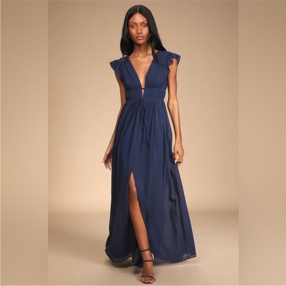 Lulu’s I’m All Yours Ruffled Maxi Dress Navy Blue Plunge XS